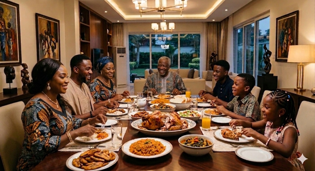Happy family having dinner together